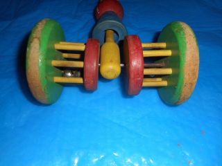 Vintage child ' s Playskool wooden wheel push pull toy w bells 4