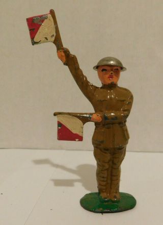 Vintage Barclay Manoil Toy Soldier Lead Airplane Flagman Flag Aviator