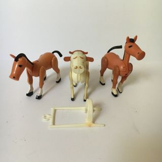 Vtg Fisher Price Little People Farm Barn Animals White Cow 2 Brown Horse Harness