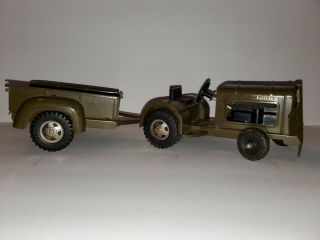 Vintage Tonka Military Green Tug Tractor With Trailer