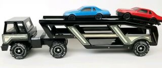 Vintage Mighty Tonka Car Carrier Truck Pressed Steel Black 1984 With Cars