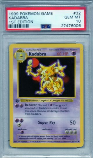 Pokemon Base Set 1999 1st Edition Kadabra 32/102 Psa 10 Gem