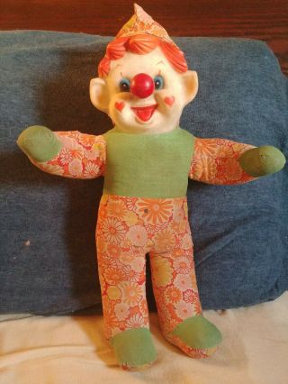 Vintage Stuffed Clown Doll W/ Rubber Face & Music Box Nose Turns Pop Goes The We