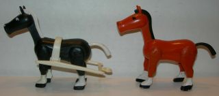 Vintage Fisher Price Little People Black And Brown Horses With Harness