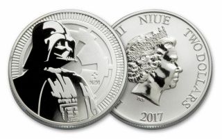 2017 Niue 2 Dollar 1 - Oz Fine Silver Star Wars Darth Vader Bu Coin Irb W/ Stand