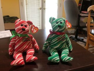 Ty Beanie Babies 2007 Holiday Teddy Set Of 2 Merry Christmas Happy Holidays Tags