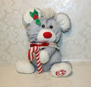 Vintage 1987 Fisher Price Puffalumps Gray Christmas Mouse With Candy Cane