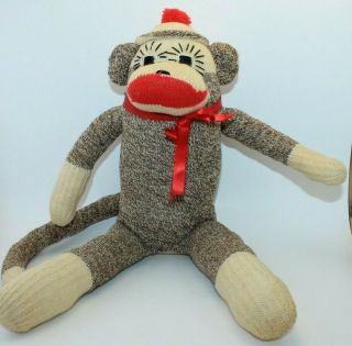 Vintage Sock Monkey Handmade Primitive Eyelashes Big Tall 18 " Neck Bow Yellowing