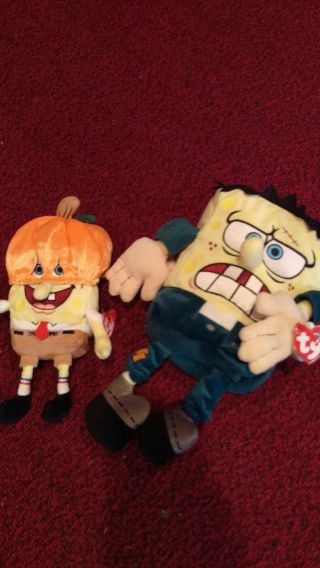 Ty Beanie Baby Spongebob Pumpkin Mask And Frankenstein Nickelodeon Halloween