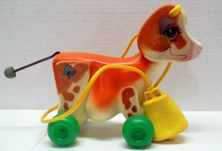 1972 Fisher Price Molly Moo Cow Pull Toy 132.  Squeeze The Yellow Bell & She Mo
