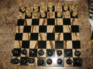 Vintage Onyx Marble Stone Chess Set & Board -,  Hand Carved