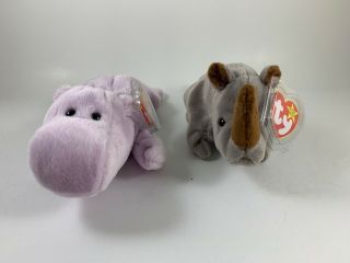 Ty Beanie Baby Bundle Spike The Rhino & Happy The Hippo Retired 1993 - 1996