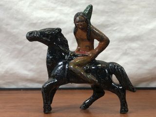 Vintage Wild West Collectible Cast Iron Metal Indian Warrior On Horseback Toy