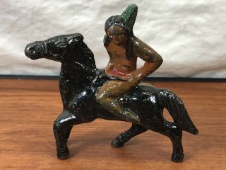 Vintage Wild West Collectible Cast Iron Metal Indian Warrior On Horseback Toy 2