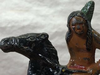 Vintage Wild West Collectible Cast Iron Metal Indian Warrior On Horseback Toy 3