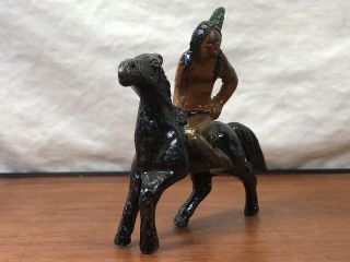 Vintage Wild West Collectible Cast Iron Metal Indian Warrior On Horseback Toy 4