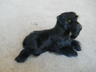 Black Schnauzer Dog Laying Figurine Brown Soft & Fluffy Real Fur Hard Plastic