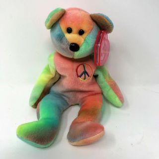 Ty Beanie Baby Peace Bear 1996 W/ Tags & Tag Protector Pastel Tye Dye