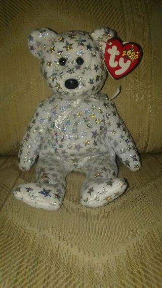 Ty 2000 Beanie Baby The Beginning White Bear Silver Stars Plush Stuffed Animal