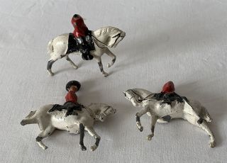 3 Vintage Broken Canadian Mounted Military Toy Soldier On White Horses
