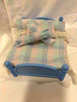 Little Tikes Grand Mansion Dollhouse Blue Double Bed W/comforter Blanket Pillow