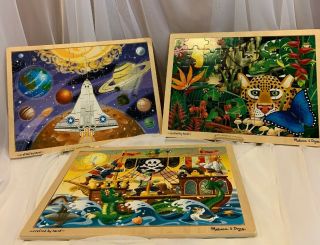 3 Melissa & Doug 48pc Wooden Puzzles.  Pirates - Space Voyage - Rain Forest