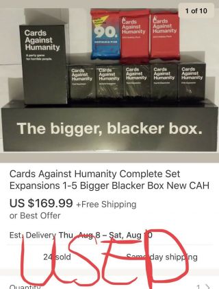 Cards Against Humanity Expansion Packs & The Bigger Blacker Card Holder Box.