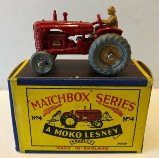 Orig Matchbox Series 1954 Moko Lesney No.  4b Red Massey Harris Tractor Orig Box