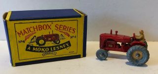 ORIG MATCHBOX SERIES 1954 MOKO LESNEY No.  4b RED MASSEY HARRIS TRACTOR ORIG BOX 2