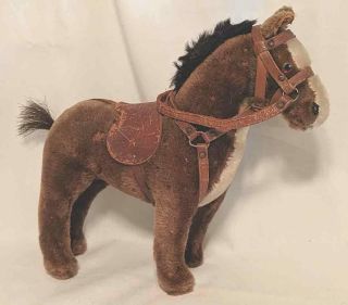 Old Vtg German Two Tone Mohair Horse W/leather Saddle And Bridle Stieff?