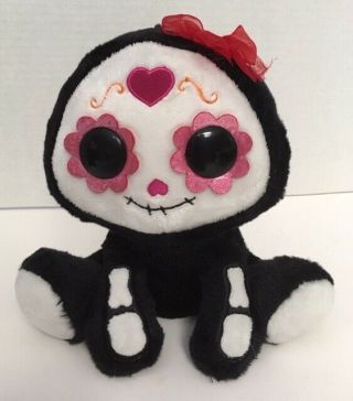 Aurora Day Of The Dead Black Skeleton 8 " Plush Pink Red Bow Stuffed Toy C8