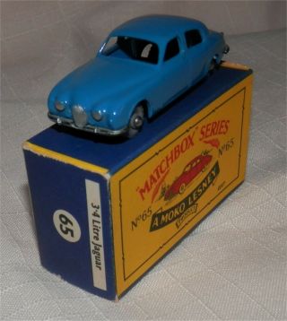 Lighter Blue.  1960s.  Matchbox Lesney.  65 Jaguar Sedan,  Gpw.