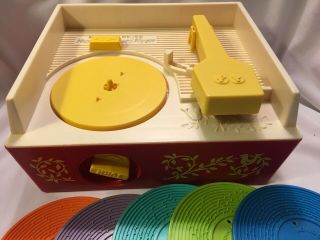 Vintage Fisher Price Wind Up Record Player With 5 Records - Model 995
