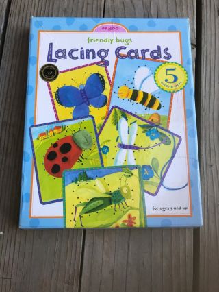 Eeboo More Friendly Bugs Lacing Cards W/ Laces Sewing Learning Fun For Kids