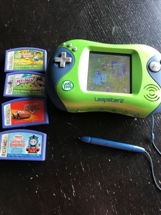 Leap Frog Leapster 2 Green Video Game System W/ 4 Games & Case
