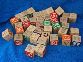 39 Childrens Wooden Building Blocks With Letters,  Animals,  Numbers.
