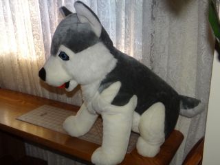 Large WOLF Husky Dog Plush Siberian Sitting Husky Blue Eyes Jumbo Stuffed 25 