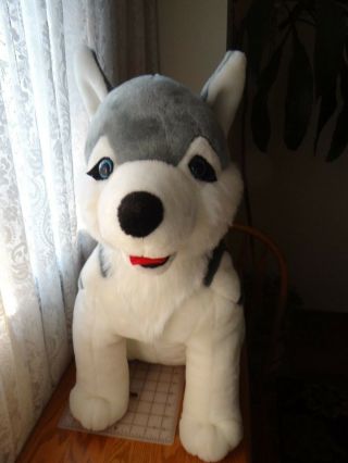 Large WOLF Husky Dog Plush Siberian Sitting Husky Blue Eyes Jumbo Stuffed 25 