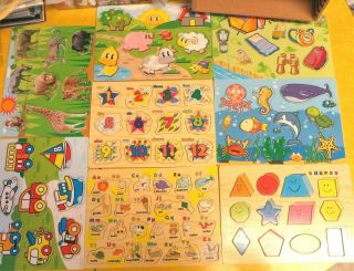 8 Preschool Wooden Puzzles In Wood Storage Box Shapes,  Numbers,  Animals,  Object