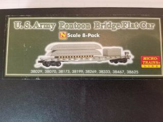 Micro Trains U.  S.  Army Flat Cars 8 Car Set With Pontoon Bridge Load.