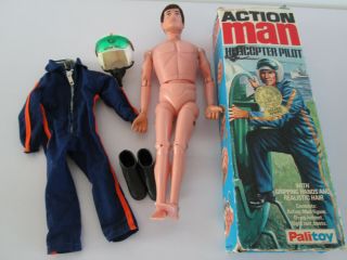 Vintage Palitoy Boxed Action Man Figure Helicopter Pilot Flying Helmet & Suit