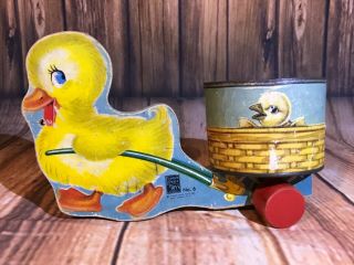 Vintage Fisher Price No.  6 Ducky Cart - 1948,  Duck Pull Toy - Wooden Litho,  6