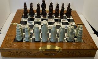 Vintage Folding Chinese Hand Carved Wood Chess Set - Complete
