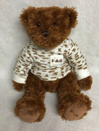 Fao Schwarz 14 " Brown Teddy Bear Seated Plush White And Brown Bear Shirt