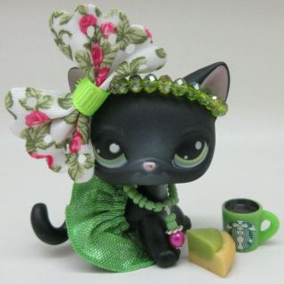 Littlest Pet Shop 33 Black Siamese Kitty Cat Skirt Bow Starbucks Accessories