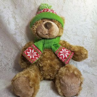 Hugfun Brown Teddy Bear Plush 18 " Stuffed Animal Green Red Scarf Hat Christmas