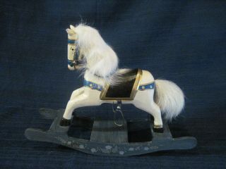 Small Doll Rocking Horse Wooden Handmade Carved W/ Rabbit Hair Mane & Tail 7.  5 "