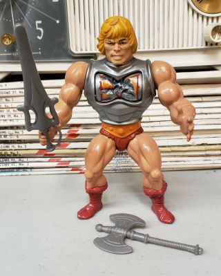 Vintage 1983 Motu Battle Armor He - Man Complete Action Figure W/ Sword & Axe