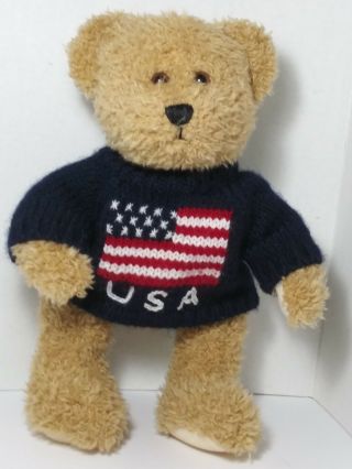 Nova Plush Tan Beige Teddy Bear Usa Polo Style Blue Sweater W/ Flag Collectables