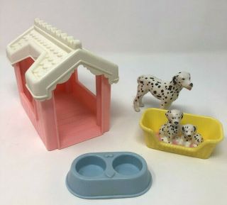 Vintage Playskool Dollhouse Dog House Bed Food Bowls Dalmatians Furniture